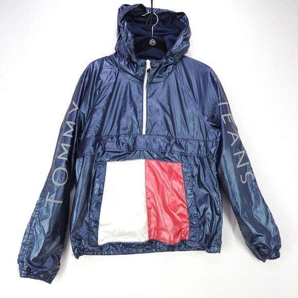 Tommy Jeans Windbreaker Hoodie Jacket Womens Medium Pocket Half Zip Oversized - Picture 1 of 16